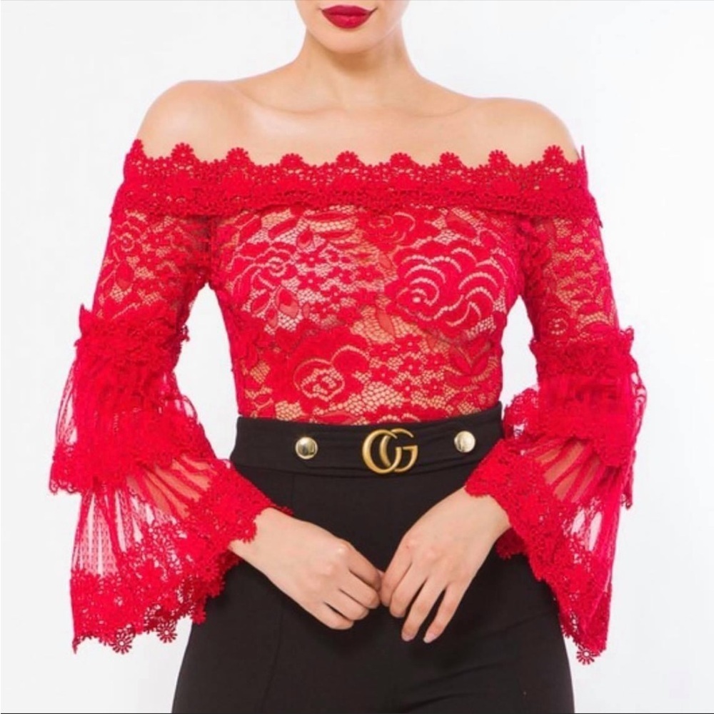 Red off shoulder bell sleeve lacey sheer‎ bodysuit nwt